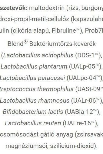 Ingredient list for JutaVit Probium 7 + Inulin highlighting live bacteria strains and other components.