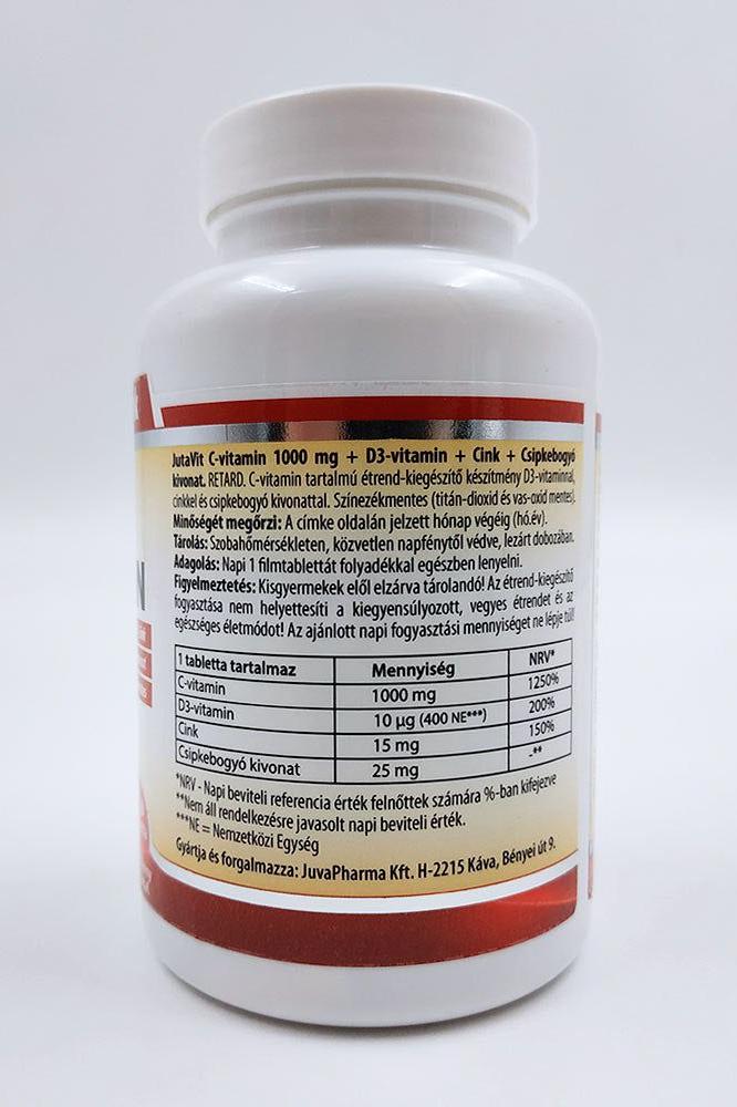 JutaVit Vitamin C 1000 mg tablet bottle, with D3 and Zinc, detailed nutritional information on the label.