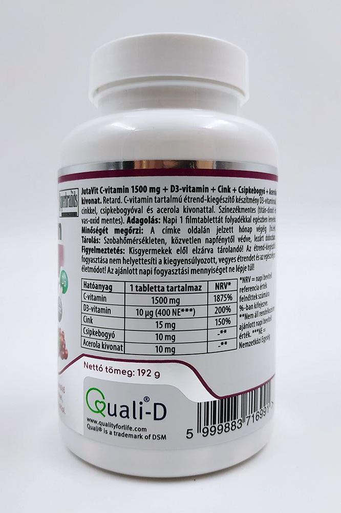 JutaVit Vitamin C 1500 mg tablets with D3, Zinc, and Acerola, nutrition facts on bottle's back.