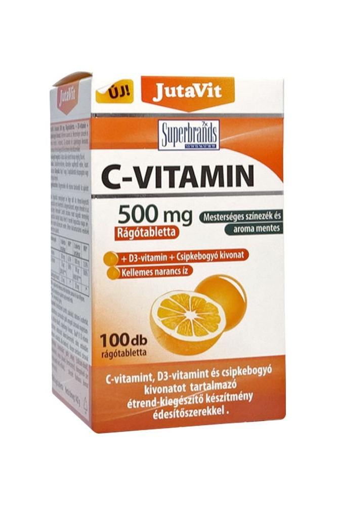 JutaVit Vitamin C 500 mg chewable tablets with D3 and rosehips, 100 tablets, orange flavor.