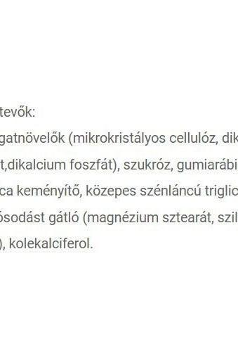 Ingredient list for a dietary supplement including microcrystalline cellulose, dicalcium phosphate, and vitamin D.
