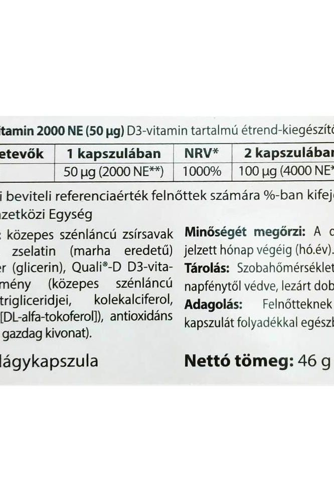 JutaVit Vitamin D3 2000 IU product label showing nutrients and serving information for softgels.