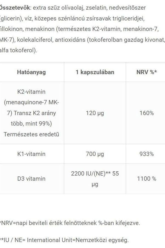 Ingredient details for JutaVit Vitamin K2+D3+K1 supplement, highlighting K2, K1, and D3 vitamin content.
