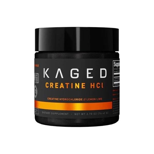 Kaged Muscle Creatine HCl supplement jar, featuring lemon lime flavor and dietary supplement information.