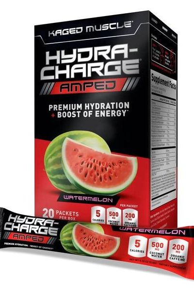 Kaged Muscle Hydra-Charge Amped box with watermelon flavor and supplement facts highlighting hydration and energy.