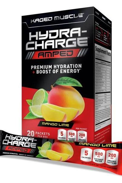 Kaged Muscle Hydra-Charge Amped Mango Lime hydration supplement box with energy-boosting packets.