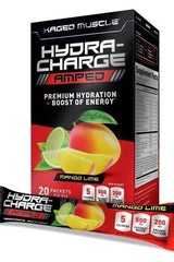 Kaged Muscle Hydra-Charge Amped Mango Lime hydration supplement box with energy-boosting packets.