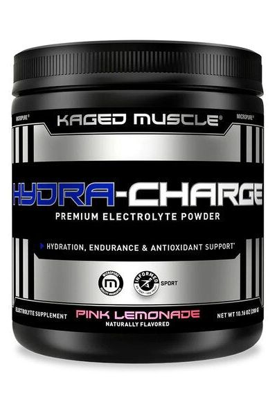 Kaged Muscle Hydra-Charge premium electrolyte powder in Pink Lemonade flavor for hydration and endurance support.