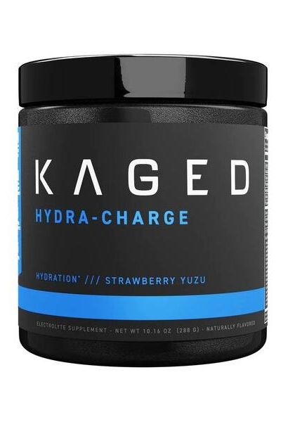 Kaged Muscle Hydra-Charge electrolyte supplement in Strawberry Yuzu flavor for optimal hydration and recovery.