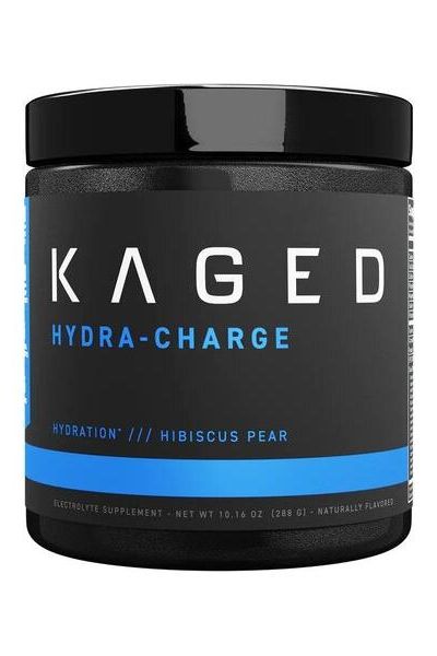 Kaged Muscle Hydra-Charge supplement jar, Hibiscus Pear flavor, designed for hydration and electrolyte support.