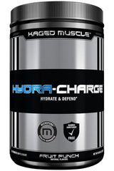 Kaged Muscle Hydra-Charge supplement container, Fruit Punch flavor for hydration and recovery support.