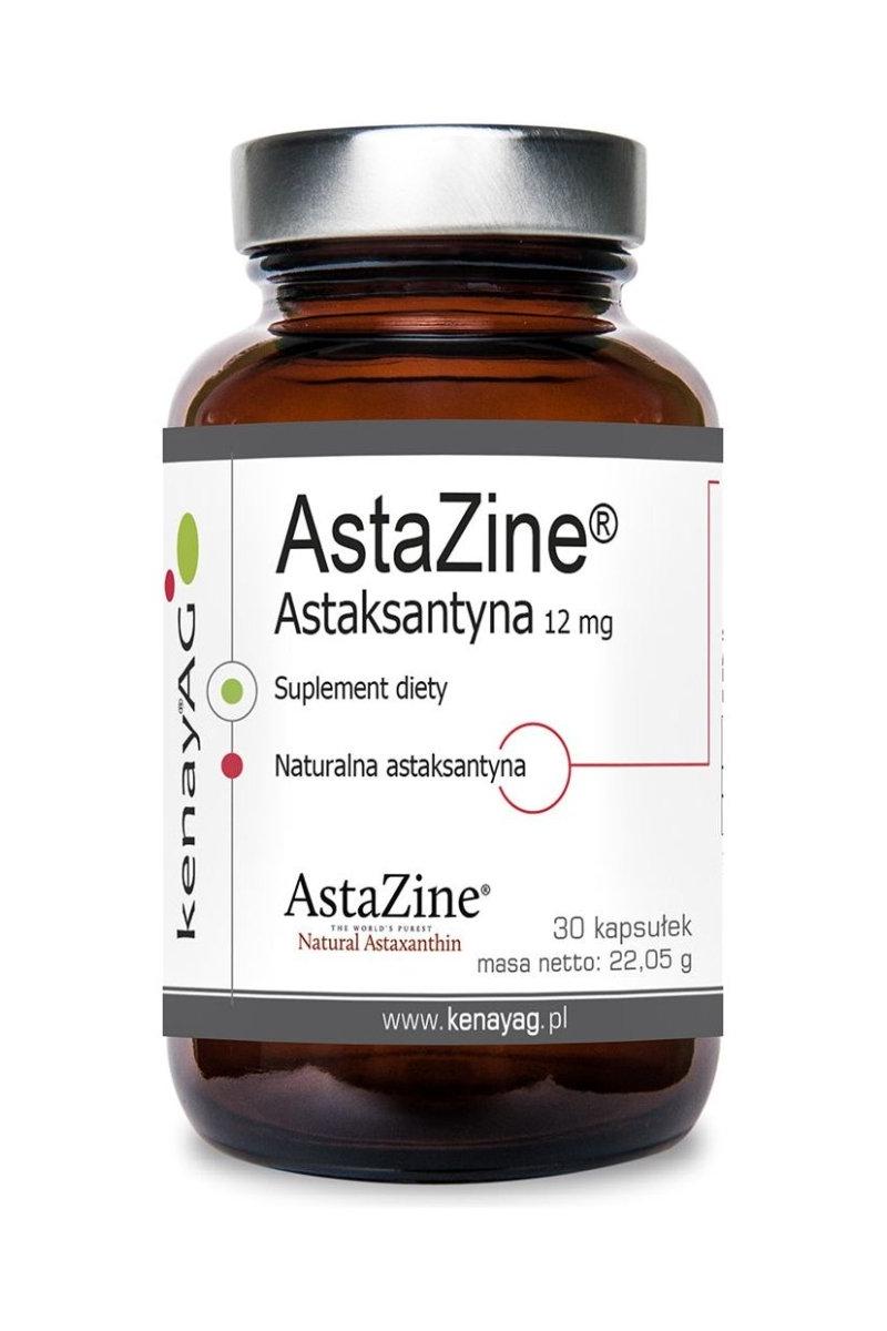 AstaZine® astaxanthin supplement bottle with 12 mg per capsule, featuring 30 capsules.
