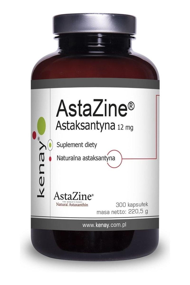 Kenay AstaZine Astaxanthin supplement bottle with 12 mg astaxanthin, 300 capsules, natural dietary support.