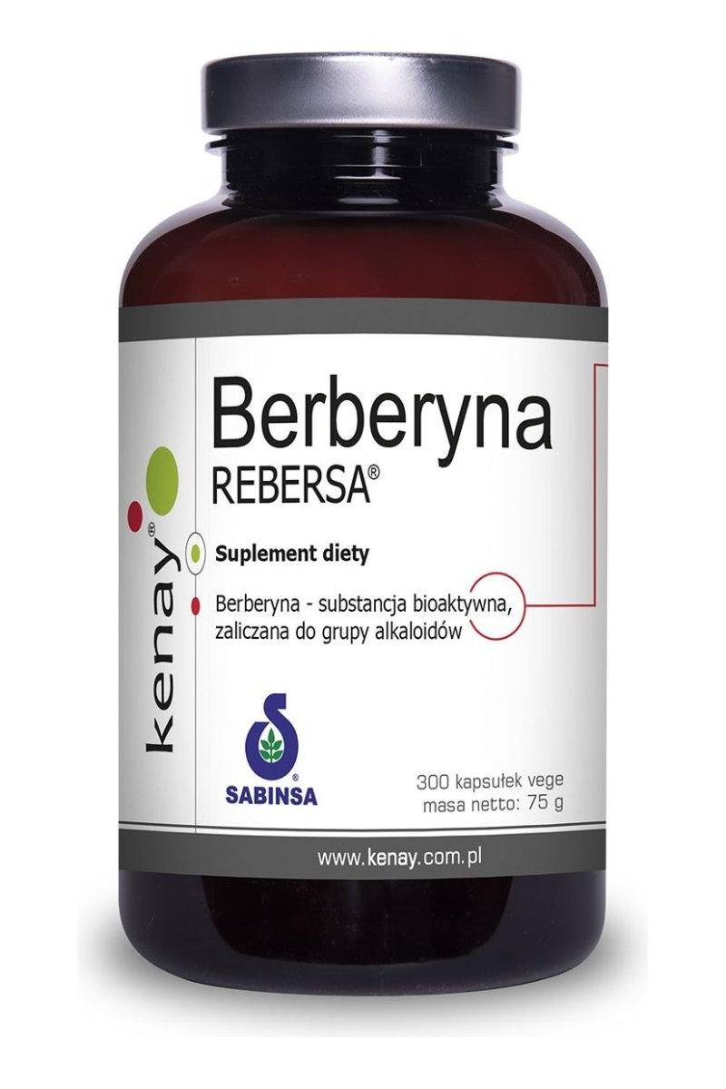 Kenay Berberine Rebersa dietary supplement bottle, supports cholesterol and glucose levels with antioxidant properties.