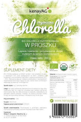 Kenay Organic Chlorella label highlighting benefits for digestion and nutrient content.