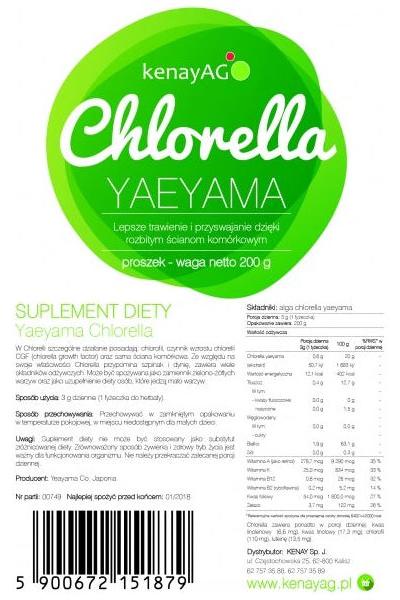 Kenay Chlorella Yaeyama packaging, 200g supplement, highlights health benefits and nutritional content.