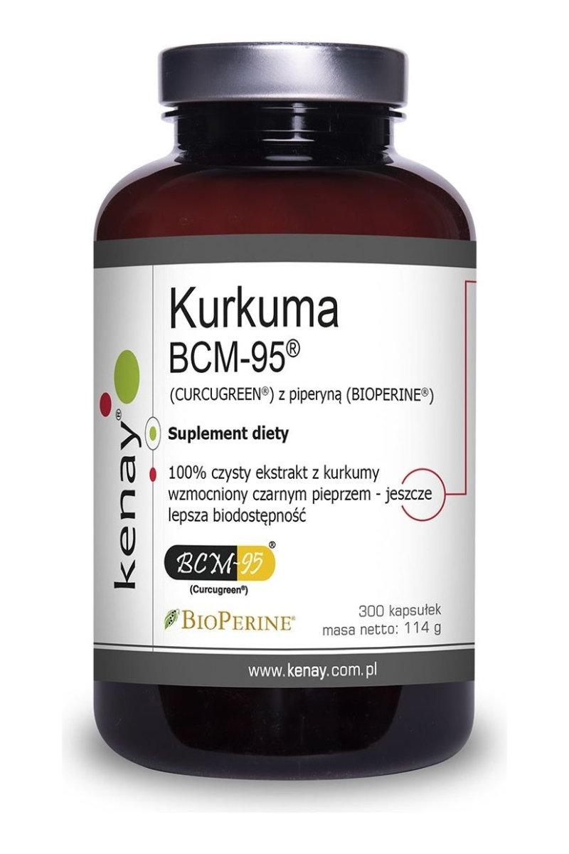 Kenay Kurkuma BCM-95 supplement bottle with piperine for improved health benefits.