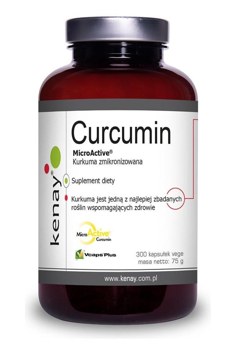 Kenay Curcumin MicroActive supplement bottle, featuring 300 vegan capsules promoting health benefits.