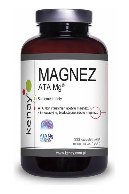 Kenay Magnesium ATA Mg supplement bottle, high bioavailability, supports muscle function, 300 vegan capsules.