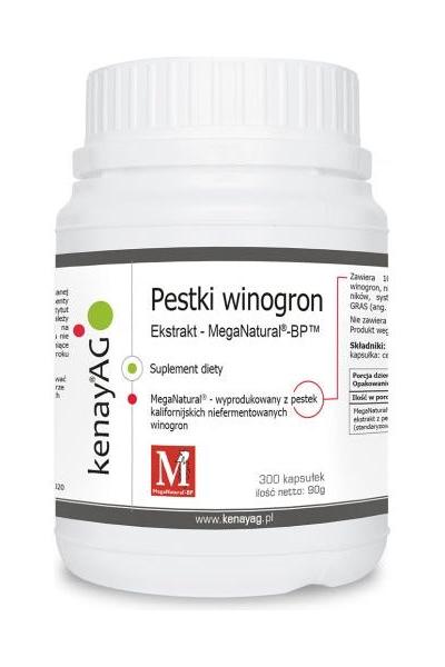Kenay Mega Natural BP Grape Seed Extract dietary supplement bottle with 300 capsules.