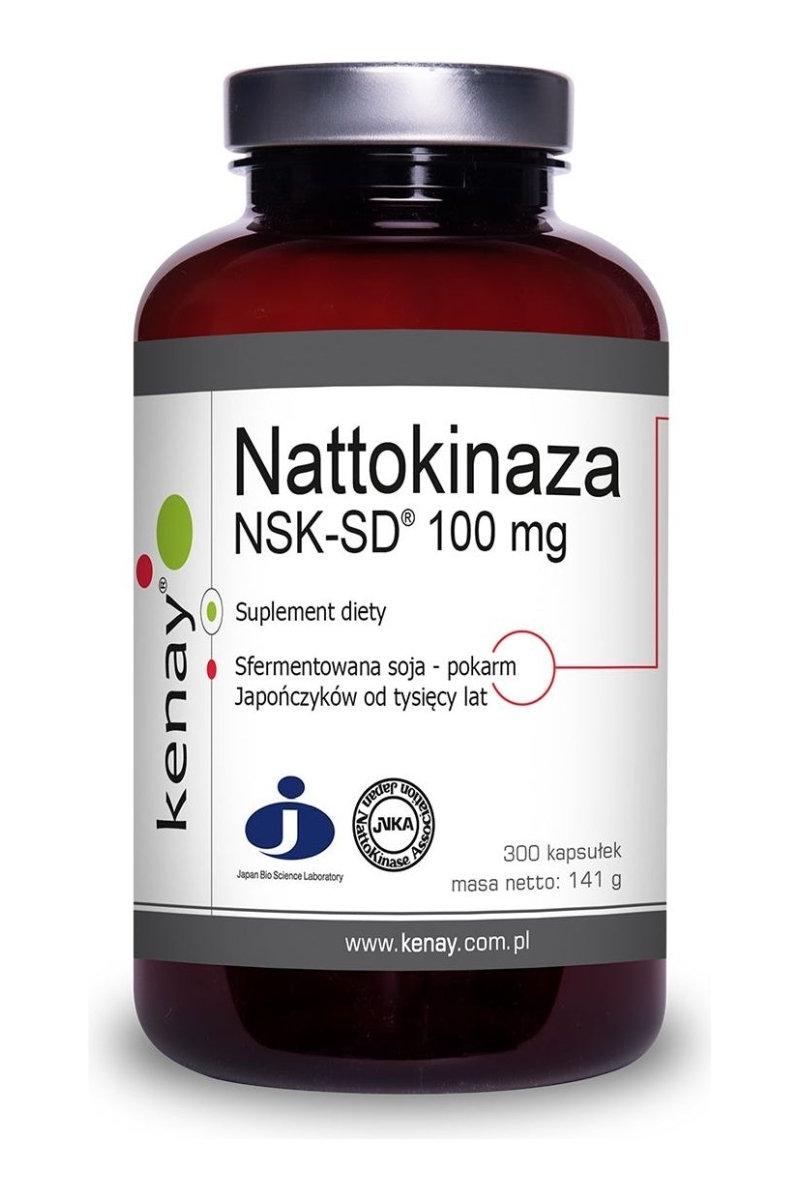 Kenay Nattokinase NSK-SD dietary supplement 100 mg in a 300 capsules jar for health benefits.
