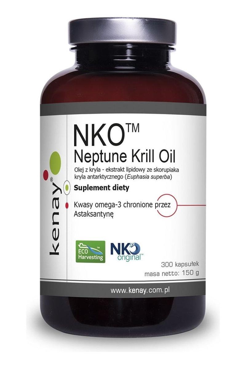 Kenay Neptune Krill Oil NKO bottle, 300 capsules, rich in omega-3 fatty acids and antioxidants for health support.