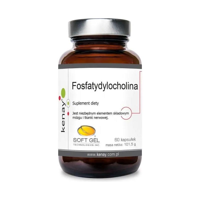 Kenay Phosphatidylcholine dietary supplement in a brown glass bottle, 60 soft gel capsules, supports brain and nerve health.