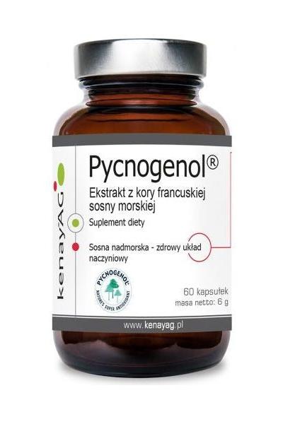 Kenay Pycnogenol French Marine Pine Bark Extract dietary supplement bottle, 60 capsules, for healthy vascular system.