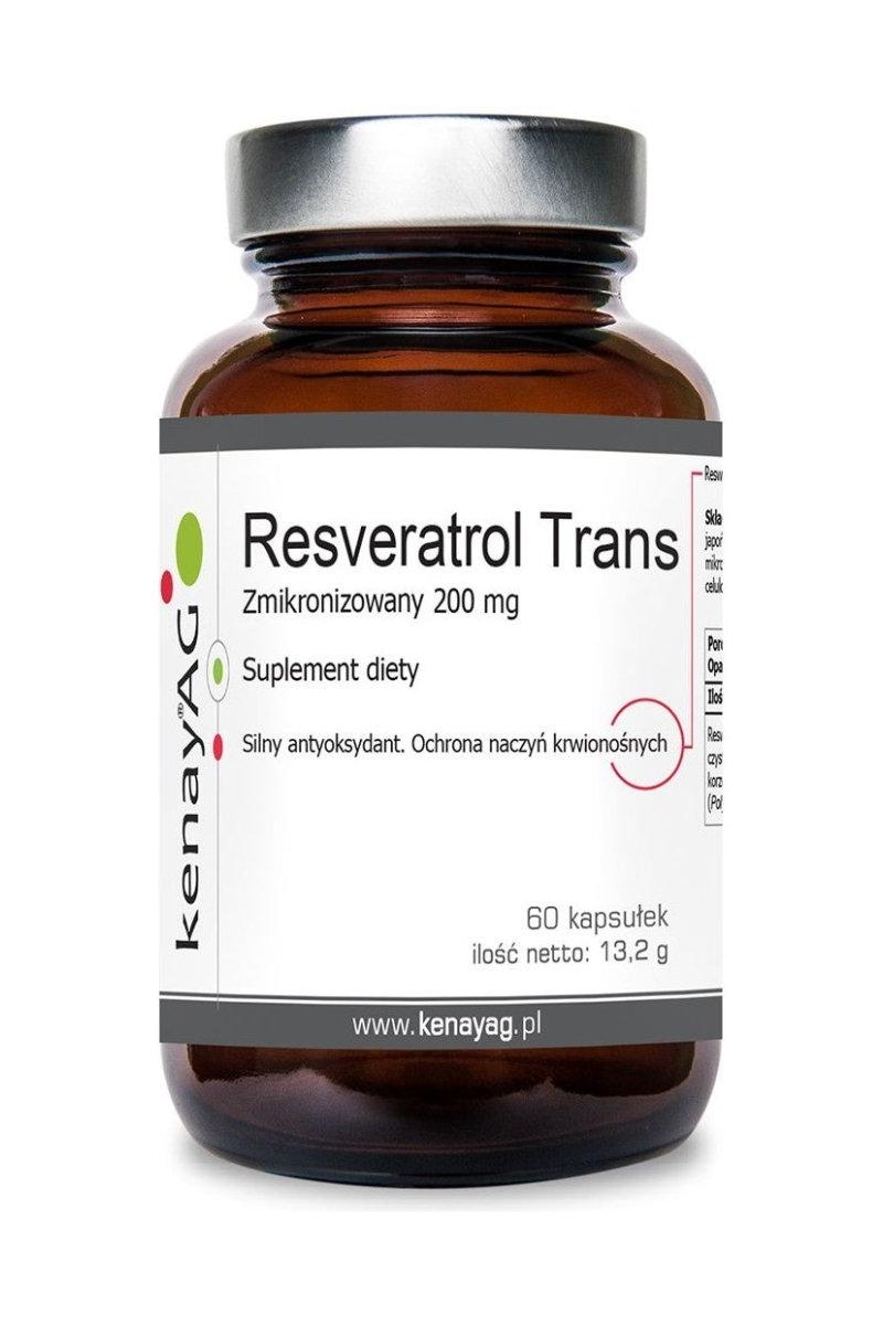 Kenay Resveratrol Trans 200 mg dietary supplement bottle, powerful antioxidant for heart health.