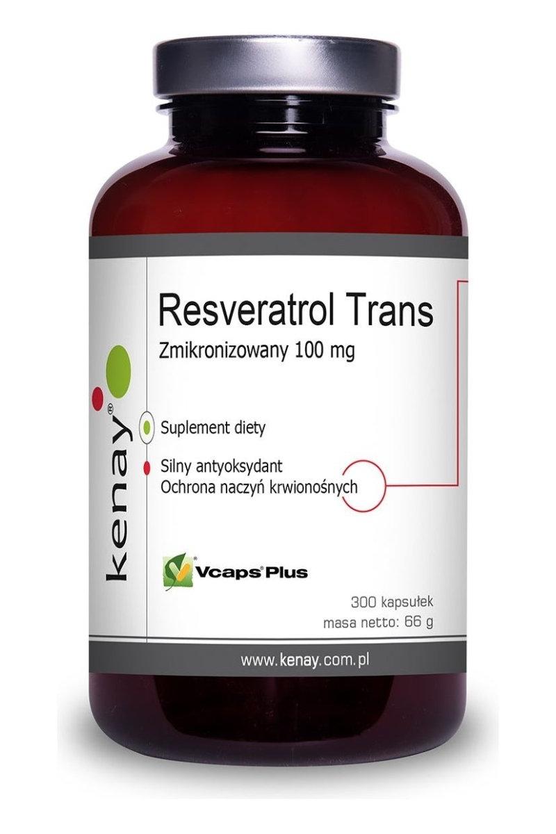 Kenay Resveratrol Trans supplement bottle, 100 mg, 300 capsules - natural antioxidant for heart health.