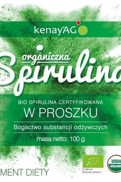 Kenay Organic Spirulina powder packaging, certified organic superfood rich in nutrients, 100g.