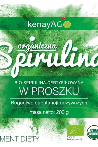 Kenay organic spirulina powder packaging, featuring text and certification logos, highlighting nutrient richness.
