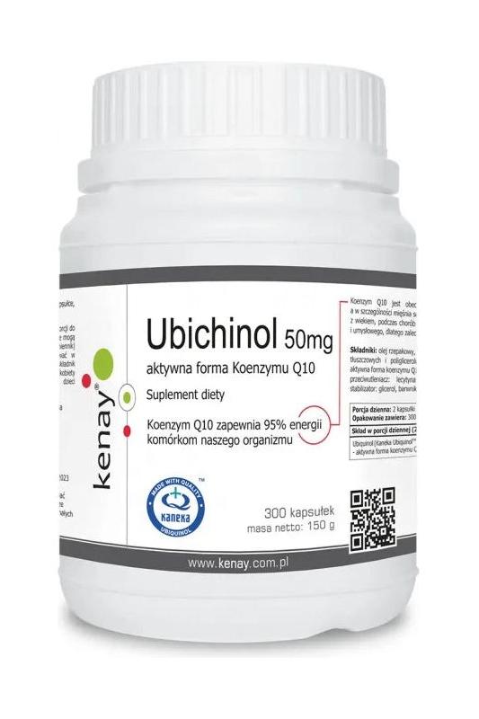 Kenay Ubiquinol 50mg dietary supplement, Coenzyme Q10 in a 300-capsule bottle, promotes energy and heart health.