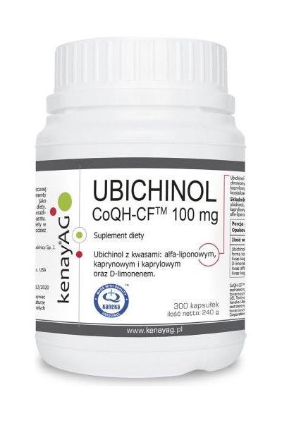 Kenay Ubiquinol CoQH-CF 100 mg dietary supplement bottle with antioxidant and heart health benefits.
