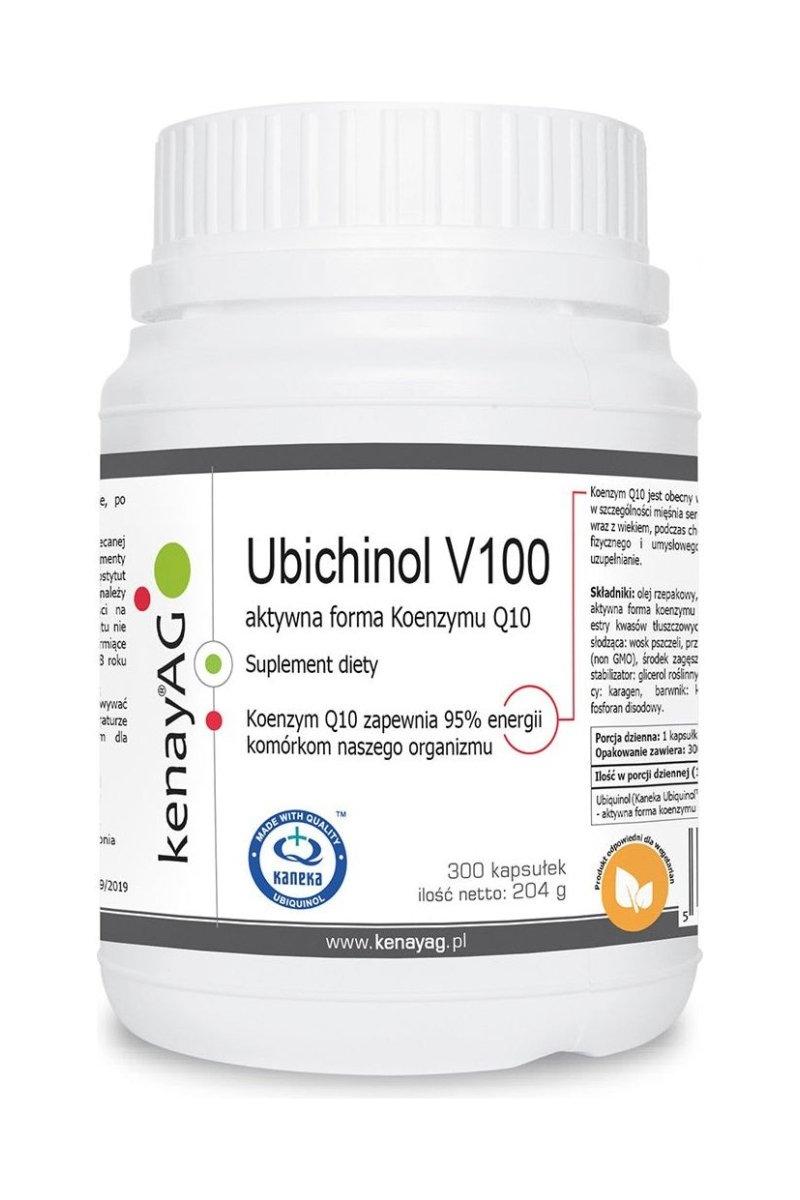 Kenay Ubiquinol V100 bottle, 100 mg dietary supplement with Coenzyme Q10, supports energy production and heart health.
