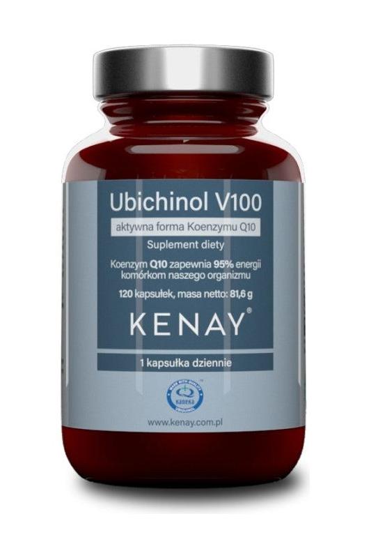 Kenay Ubiquinol V100 Coenzyme Q10 supplement bottle, 100 mg, 120 capsules for energy and heart health.