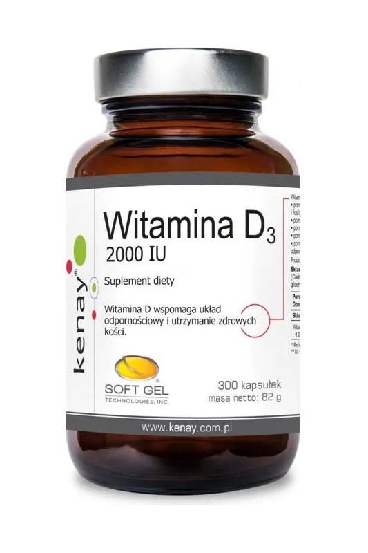 Kenay Vitamin D3 supplement bottle with 300 soft gel capsules, supports immune system and bone health.