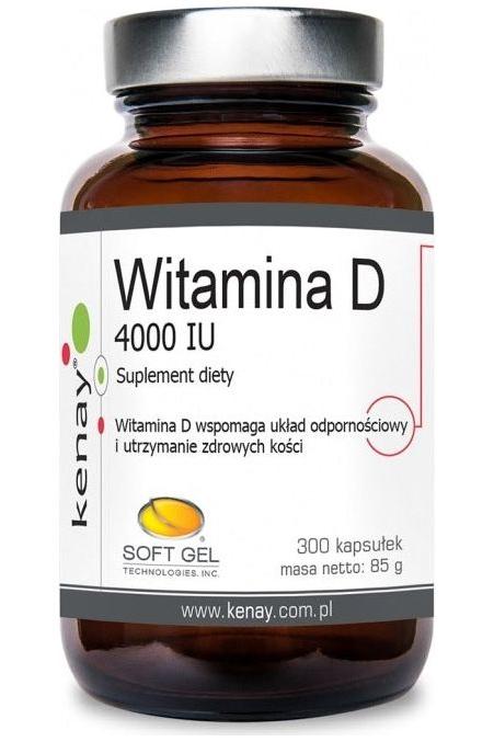 Kenay Vitamin D supplement bottle with 4000 IU, containing 300 softgel capsules for healthy bones and immune support.