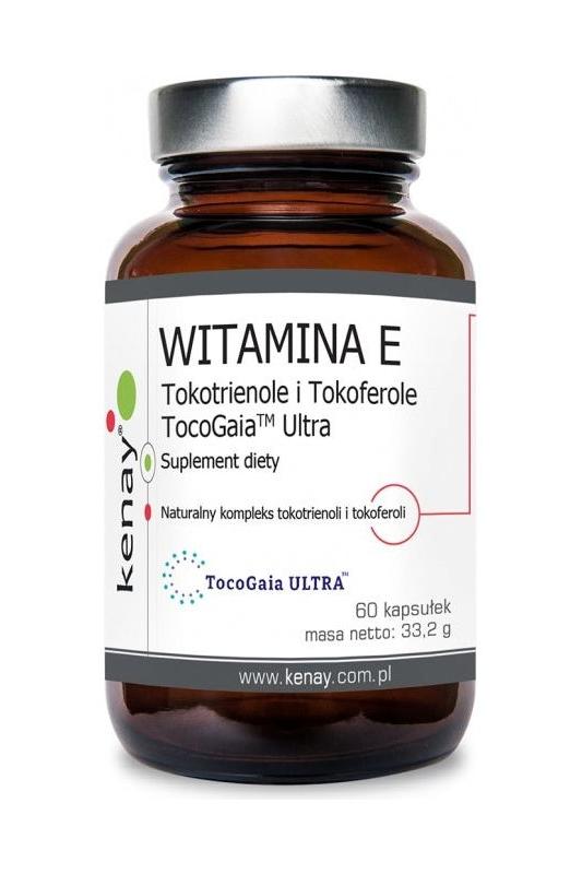 Kenay TocoGaia Ultra Vitamin E supplement bottle with tocotrienols and tocopherols, 60 capsules.