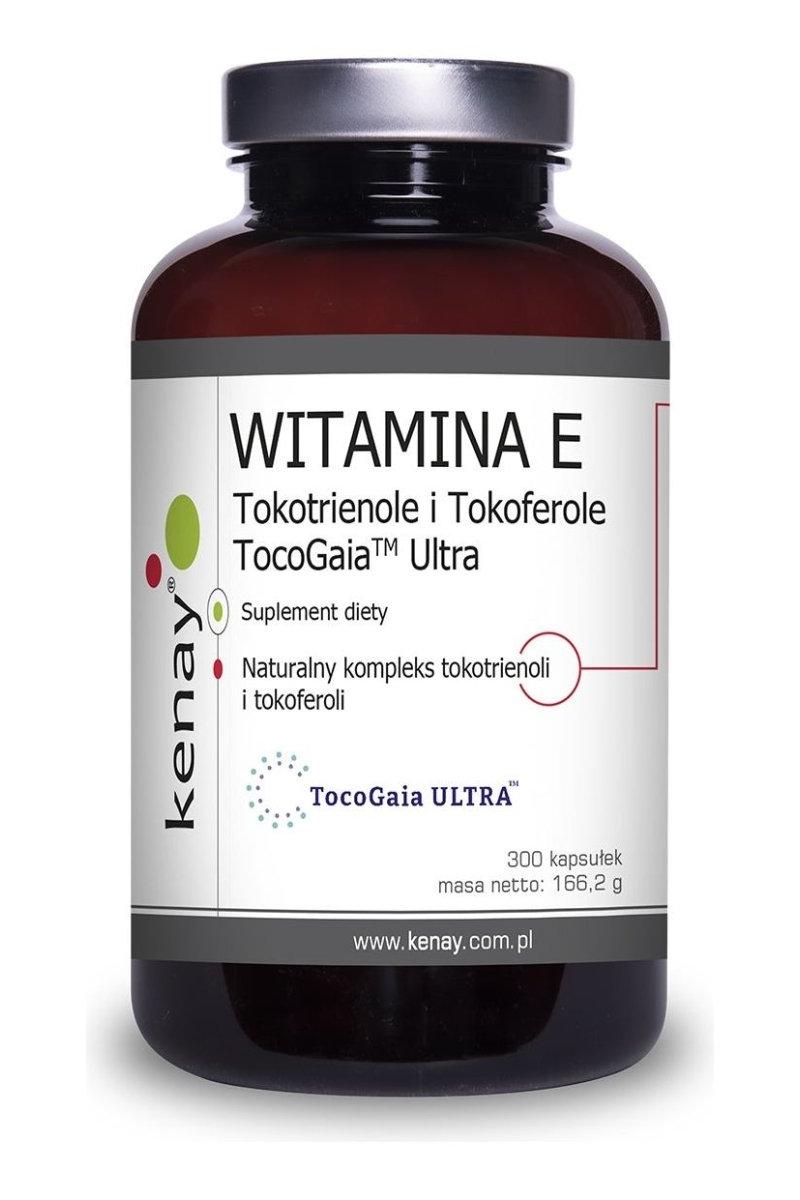 Kenay TocoGaia Ultra Vitamin E supplement in an organic glass bottle, 300 capsules for cellular protection.