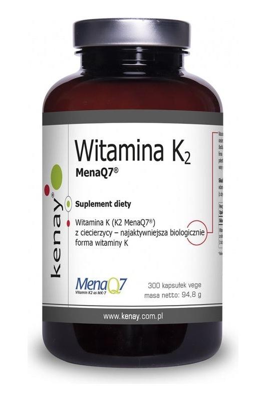 Kenay Vitamin K Mena Q7 dietary supplement bottle with 300 capsules for healthy bones and blood coagulation.