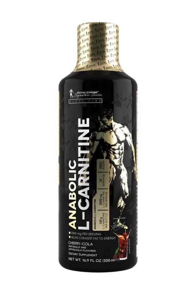 Kevin Levrone Anabolic L-Carnitine liquid supplement bottle in cherry-cola flavor, promoting fat burning and energy.
