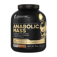 Kevin Levrone Anabolic Mass protein powder for muscle growth and recovery, 3kg black container.