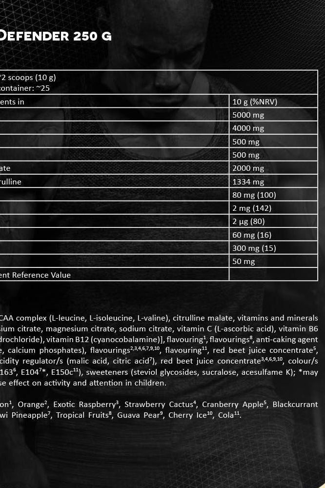 Nutritional information for Kevin Levrone BCAA Defender Exotic Raspberry 250g, detailing ingredients and benefits.