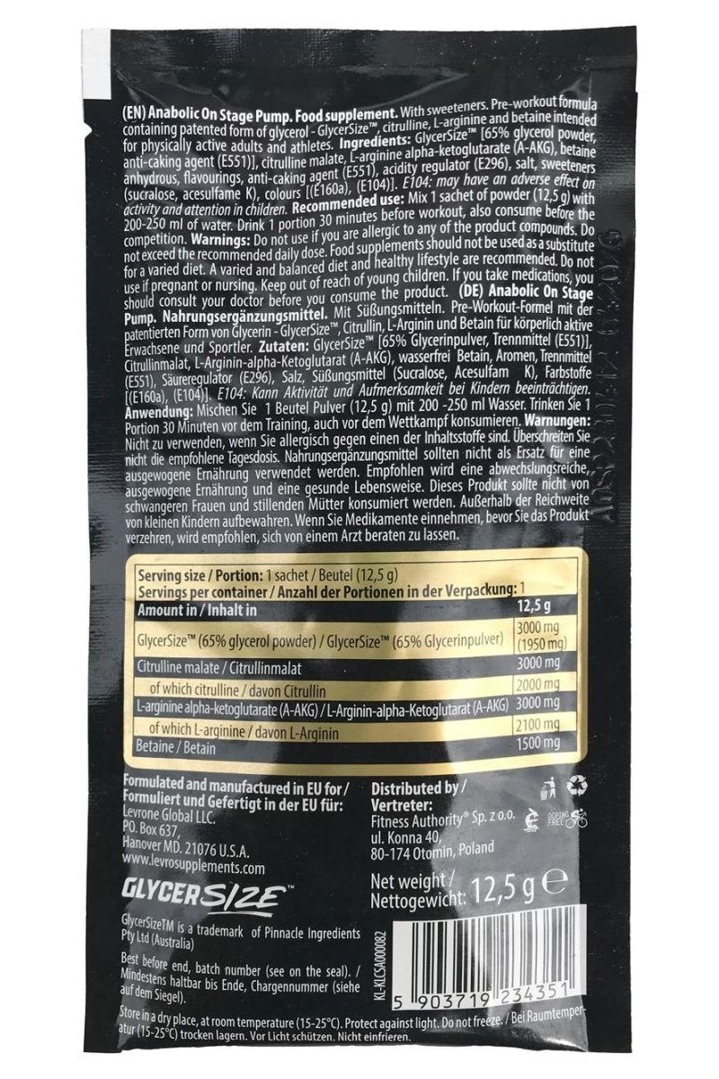 Back of Kevin Levrone Black Line Anabolic On Stage Pump sample, showing ingredients and nutritional information, 12.5 g.