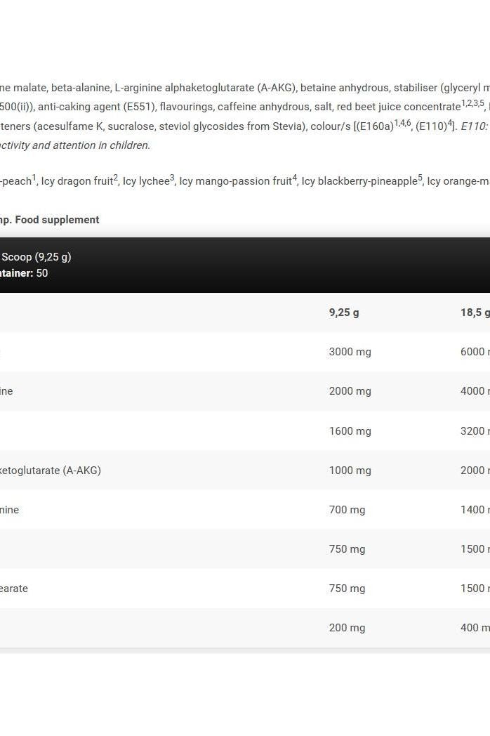 Nutritional information for Kevin Levrone Black Line Shaaboom Ice Pump, highlighting key ingredients and dosages.