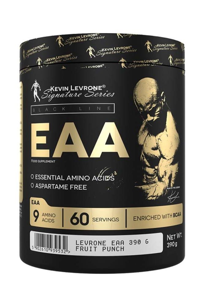 Kevin Levrone EAA supplement tub featuring 9 essential amino acids, 60 servings, aspartame-free, fruit punch flavor.