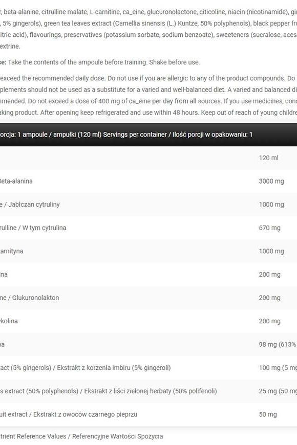 Ingredient list and nutritional information for Kevin Levrone - Fat Killer 2 in 1 Shot, including dosages.