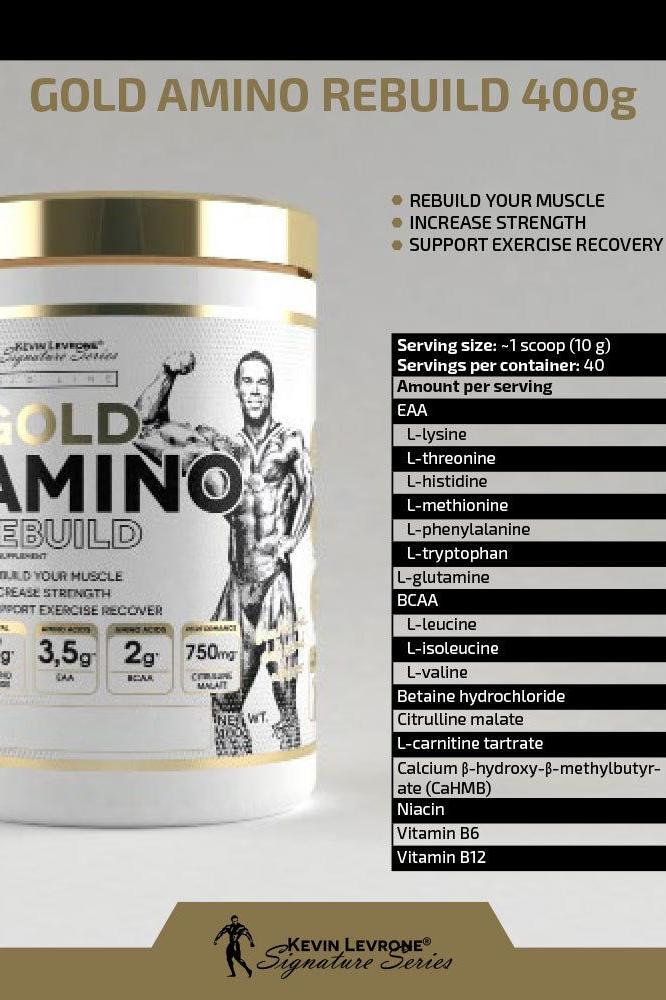 Gold Amino Rebuild 400g supplement container with nutritional information and benefits for muscle recovery.