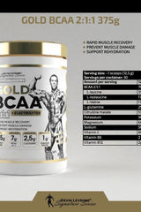Kevin Levrone Gold BCAA 2:1:1 supplement jar showcasing nutrition facts and benefits for muscle recovery.
